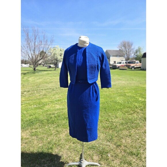 VTG 1960s Royal Blue Knit 3pc Wiggle Dress Jacket Belt Madmen Pinup Tailored - Picture 1 of 8